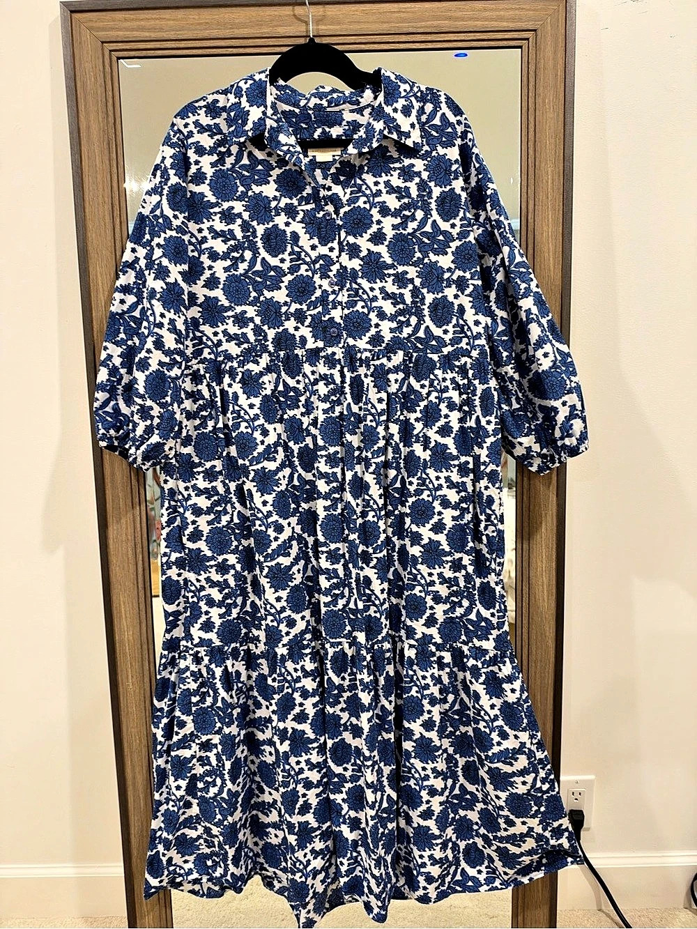 Anthropologie Maeve The Bettina Tiered Shirt Dress Blue & White Size Large